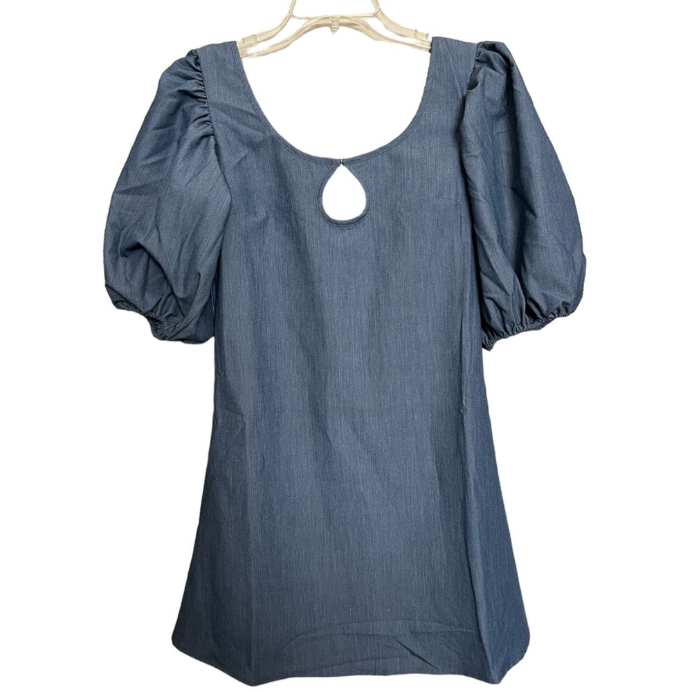 NWT SHEIN Puff Sleeve Dress Denim Blue Color Sz Small Keyhole Front Lined Dress